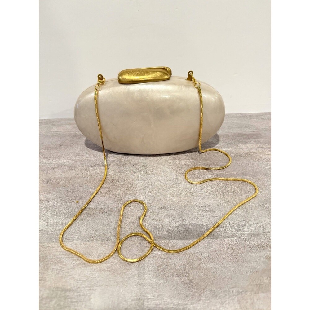 Zara NWT Pearlized Cream Hard Shell Box Clutch Bag Gold Fastening Evening - Picture 3 of 15